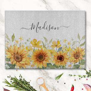 Monogram Yellow Flower Sunflower Floral Botanical Cutting Board