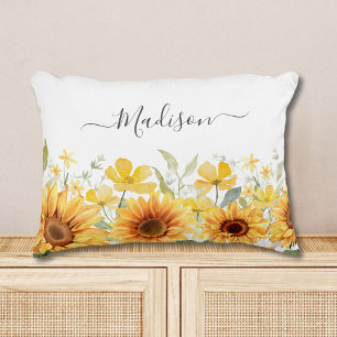 Monogram Yellow Flower Sunflower Floral Botanical Decorative Cushion