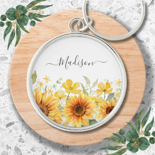 Monogram Yellow Flower Sunflower Floral Botanical Key Ring