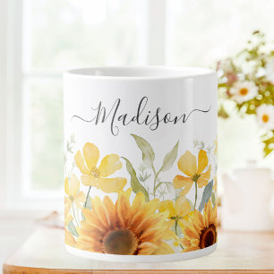 Monogram Yellow Flower Sunflower Floral Botanical Large Coffee Mug