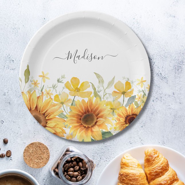 Monogram Yellow Flower Sunflower Floral Botanical Paper Plate (In situ)