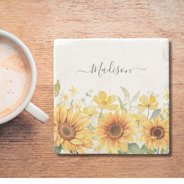 Monogram Yellow Flower Sunflower Floral Botanical Stone Coaster (In situ)