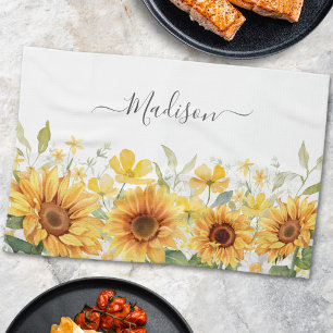 Monogram Yellow Flower Sunflower Floral Botanical Tea Towel