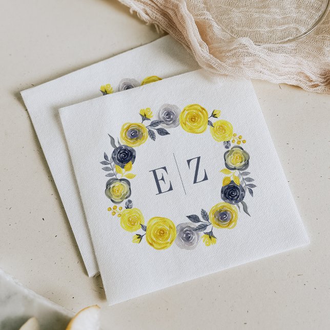 Monogram Yellow Grey Boho Floral Wreath Wedding Napkin (Creator Uploaded)