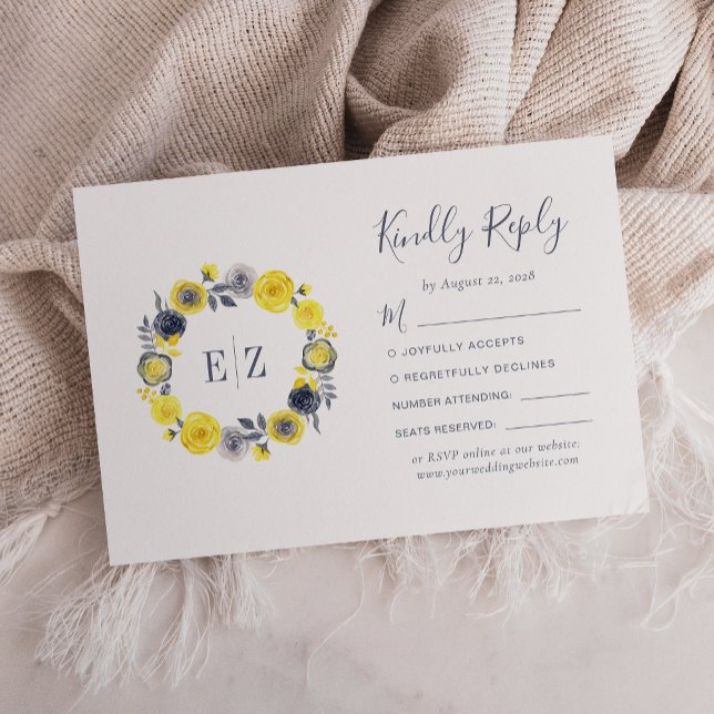Monogram Yellow Grey Floral Wreath Wedding RSVP Card (Creator Uploaded)