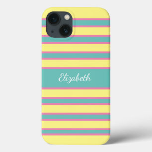 Monogram Yellow Pink Aqua Turquoise Striped iPhone 13 Case