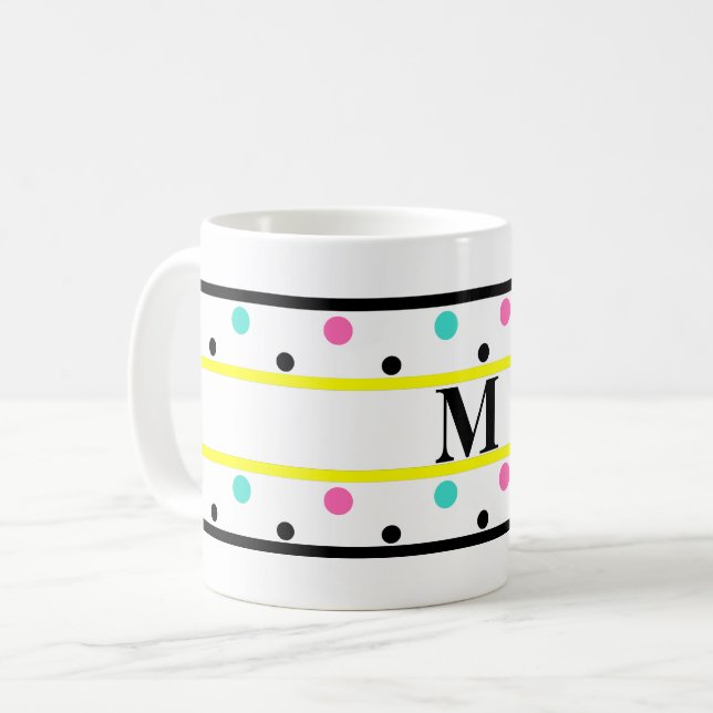Monogram Yellow Pink Turquoise Polka Dots Coffee Mug (Front Left)