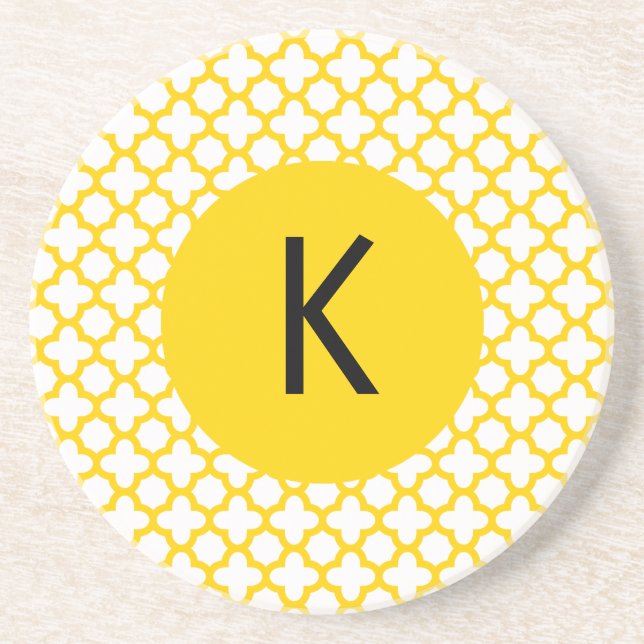 Monogram Yellow Quatrefoil Pattern Coaster (Front)
