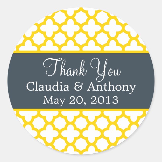 Monogram Yellow Quatrefoil with Charcoal Thank You Classic Round Sticker (Front)