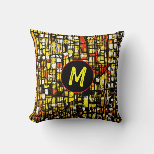 Monogram Yellow Red Abstract Painting Cushion (Front)