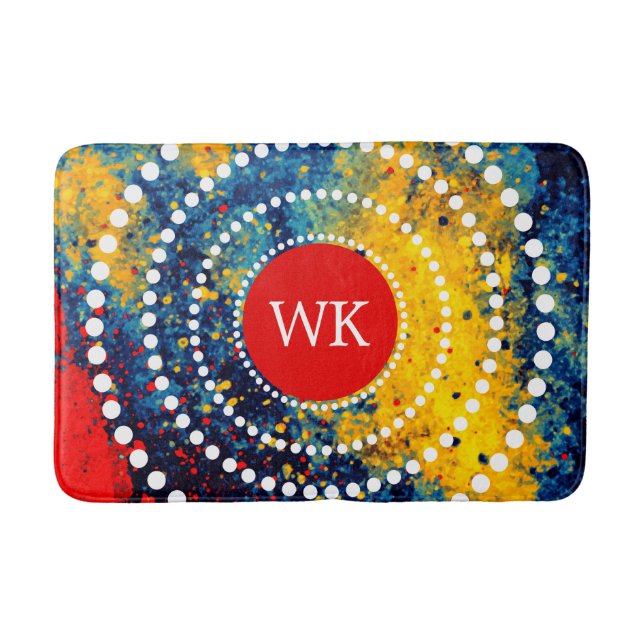 Monogram Yellow Red Blue Paint Splatter Dot Art Bath Mat (Front)