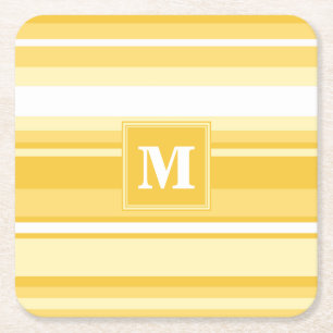 Monogram yellow stripes square paper coaster