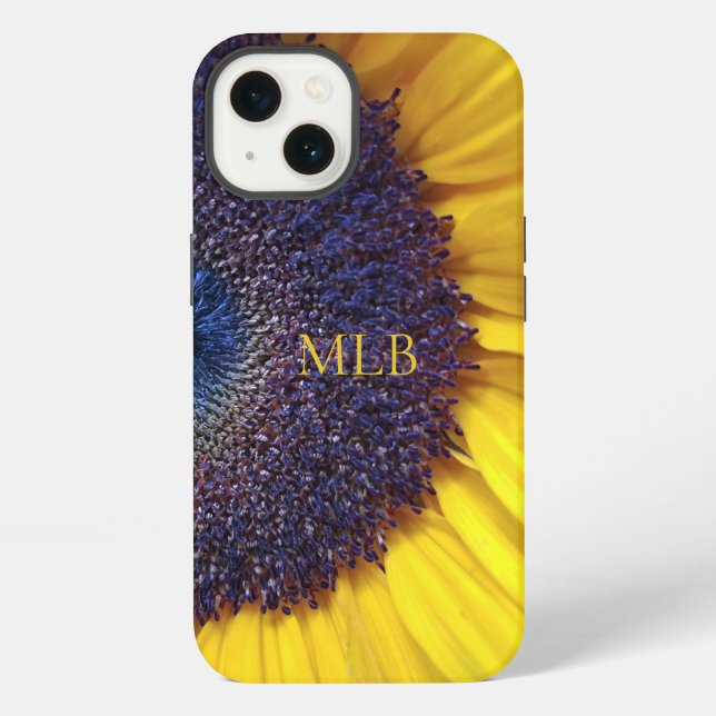Monogram Yellow Sunflower Closeup with Initials iPhone Case (Back)