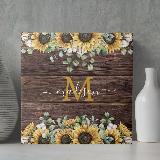 Monogram Yellow Sunflower Eucalyptus Brown Wood Ceramic Tile (In situ)