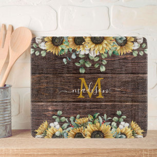 Monogram Yellow Sunflower Eucalyptus Brown Wood Cutting Board