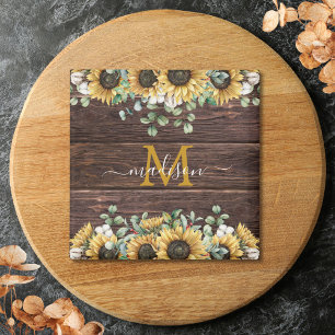 Monogram Yellow Sunflower Eucalyptus Brown Wood Magnet