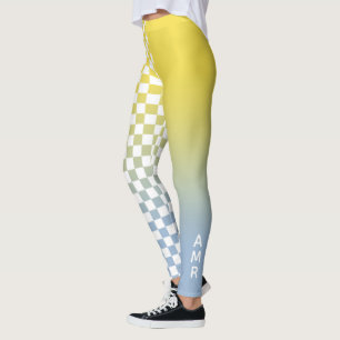 Monogram Yellow to Blue Gradient Chequered Pattern Leggings