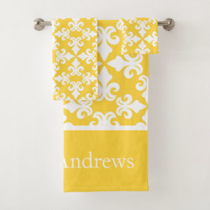 Monogram Yellow White Fleur-de-lis Personalised Bath Towel Set