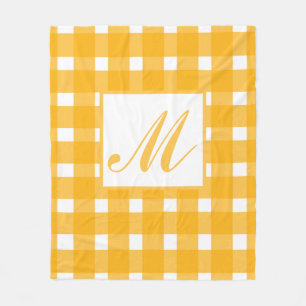 Monogram Yellow White Gingham Pattern Fleece Blanket