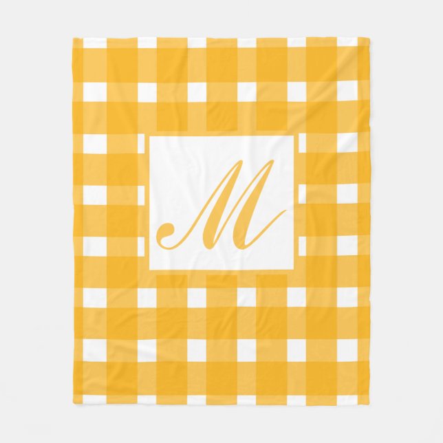 Monogram Yellow White Gingham Pattern Fleece Blanket (Front)