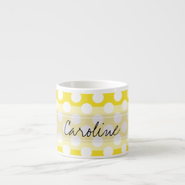Monogram Yellow White Trendy Fun Polka Dot Pattern Espresso Cup (Front)