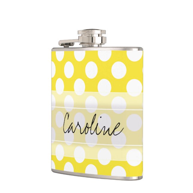 Monogram Yellow White Trendy Fun Polka Dot Pattern Hip Flask (Left)