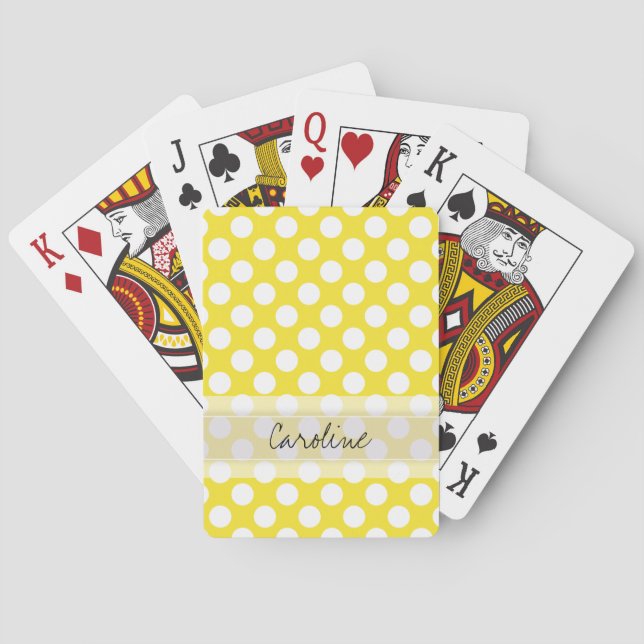 Monogram Yellow White Trendy Fun Polka Dot Pattern Playing Cards (Back)