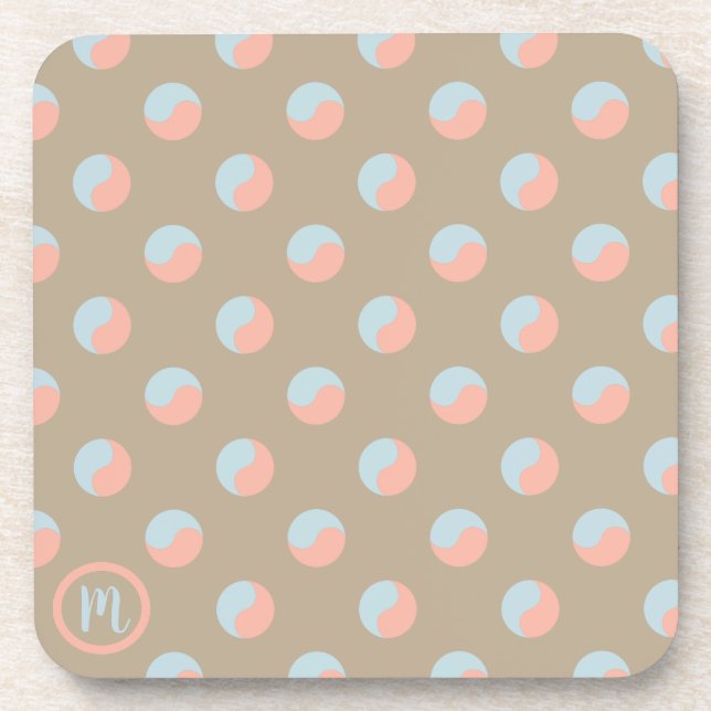 Monogram Yin Yang Zen Symbols Grey, Pink & Teal Coaster (Front)