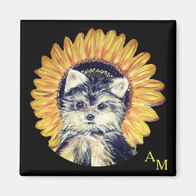 Monogram, Yorkshire Dog & Sunflower on Black Magnet (Front)