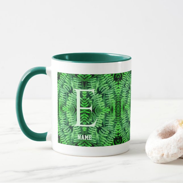 Monogram Your Initial Green Ferns Personalised     Mug (With Donut)