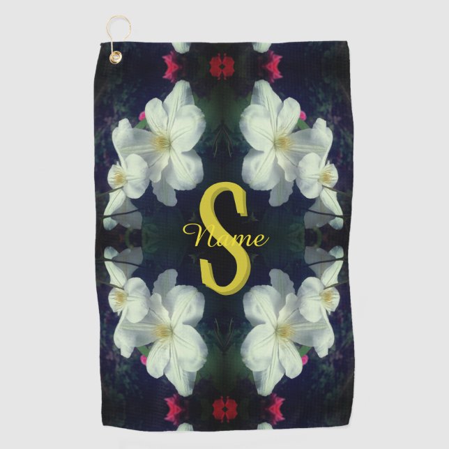 Monogram Your Initial Name Clematis Floral Art Golf Towel (Front)