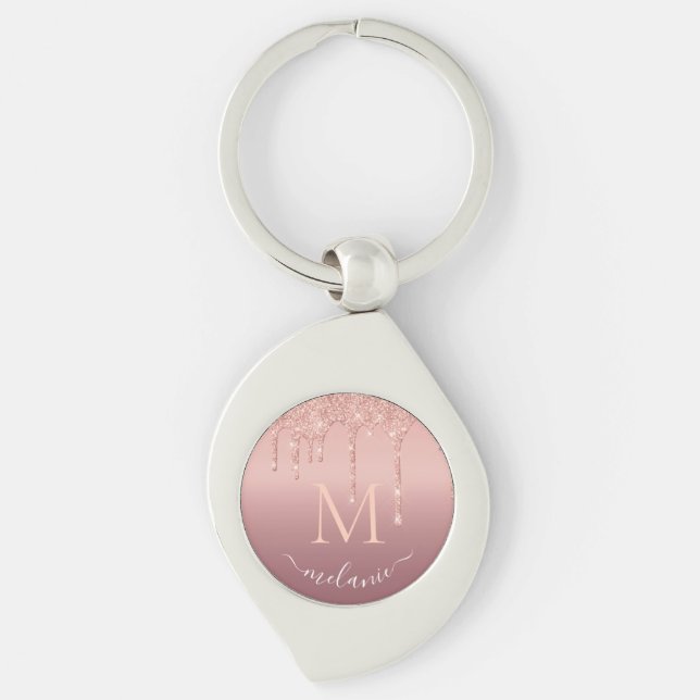 Monogram Your Name Rose Gold Glitter Keychain Gift (Front)
