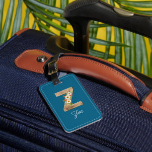Monogram Z blue wood letter flower Luggage Tag