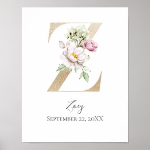 Monogram Z Pink White Floral Gold Letter Nursery Poster