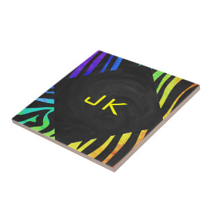 Monogram Zebra Black and Rainbow Print Ceramic Tile