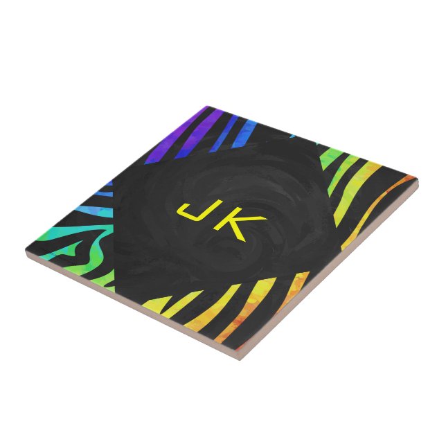 Monogram Zebra Black and Rainbow Print Ceramic Tile (Side)