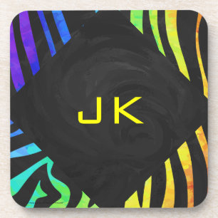 Monogram Zebra Black and Rainbow Print Coaster