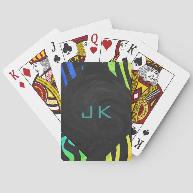 Monogram Zebra Black and Rainbow Print Playing Cards (Back)