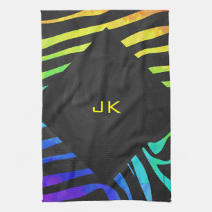 Monogram Zebra Black and Rainbow Print Tea Towel