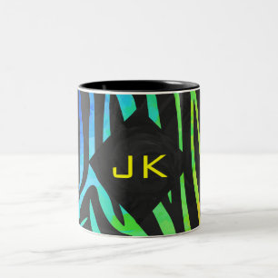 Monogram Zebra Black and Rainbow Print Two-Tone Coffee Mug