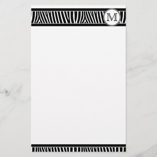 Monogram Zebra Pattern Black White Stationery (Front)