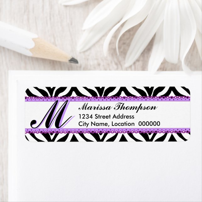 Monogram Zebra Print and Purple Lace Return Address Label (Insitu)