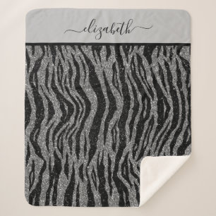 Monogram Zebra Print Black and Grey Silver Sherpa Blanket