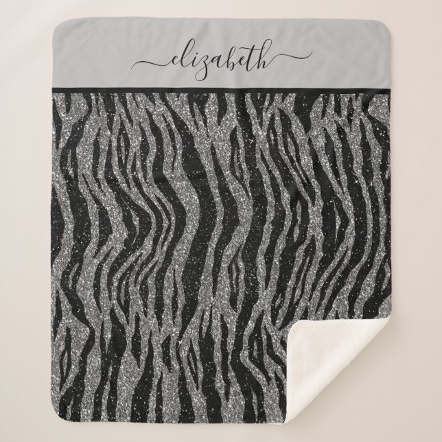 Monogram Zebra Print Black and Grey Silver Sherpa Blanket (Front)