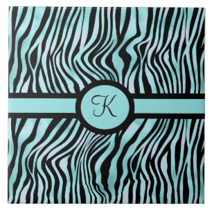Monogram Zebra print Black and Teal Turquoise Ceramic Tile
