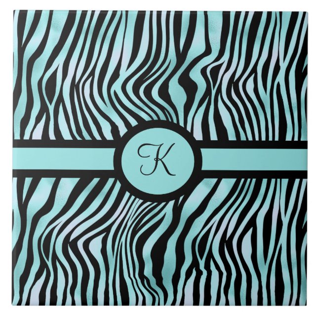 Monogram Zebra print Black and Teal Turquoise Ceramic Tile (Front)