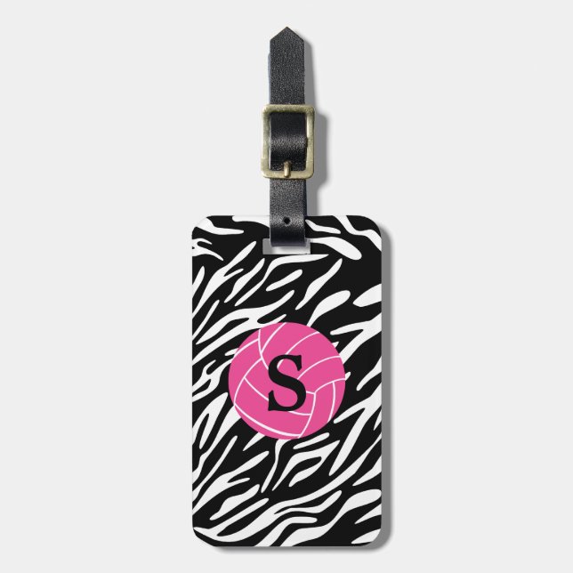 Monogram Zebra Stripe Pink Volleyball Luggage Tag (Front Vertical)