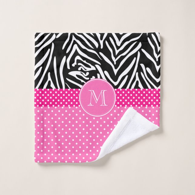 Monogram Zebra with Hot Pink Polka Dot Pattern Bath Towel Set (Wash Cloth)