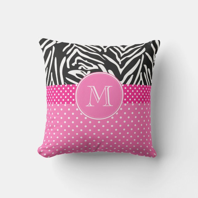 Monogram Zebra with Hot Pink Polka Dot Pattern Cushion (Front)