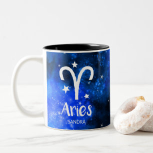 Monogram, Zodiac Aries sign, Blue Galaxy Two-Tone Coffee Mug